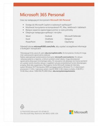 M365 Personal PL 1Y 1U 5D Win/Mac EP2-32454 Zastępuje P/N: QQ2-01752 Microsoft