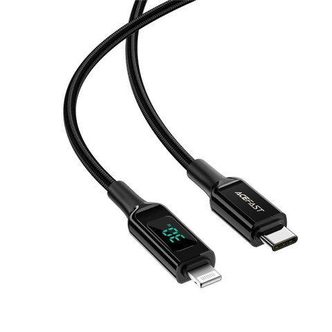 Kabel przewód w oplocie z ekranem LED do iPhone MFI USB-C - Lightning 1.2m 30W 3A czarny ACEFAST