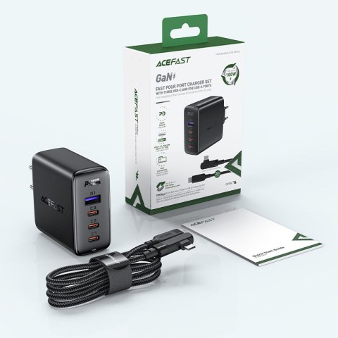 Szybka ładowarka sieciowa GaN 3x USB-C 1x USB-A + kabel kątowy USB-C 100W 2m czarny ACEFAST