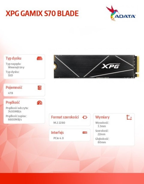 Dysk SSD XPG GAMMIX S70 BLADE 4TB PCIe 4x4 7.4/6.6 GBs Adata