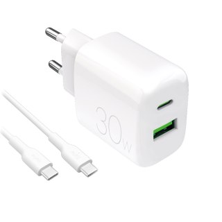 Ładowarka sieciowa USB-A USB-C z kablem USB-C 30W 1.2m - biała PURO