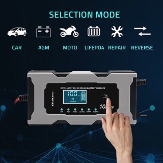 Mikroprocesorowa ładowarka 12V 10A | Prostownik z funkcją naprawy do akumulatora AGM GEL LiFePO4 | LCD Qoltec