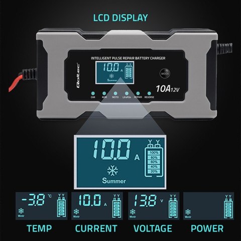 Mikroprocesorowa ładowarka 12V 10A | Prostownik z funkcją naprawy do akumulatora AGM GEL LiFePO4 | LCD Qoltec