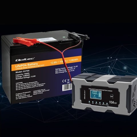 Mikroprocesorowa ładowarka 12V 10A | Prostownik z funkcją naprawy do akumulatora AGM GEL LiFePO4 | LCD Qoltec