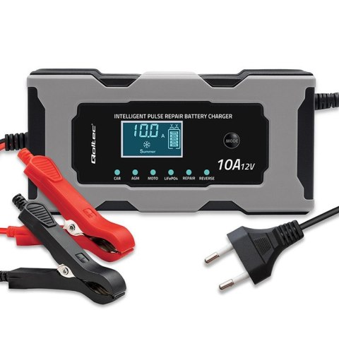 Mikroprocesorowa ładowarka 12V 10A | Prostownik z funkcją naprawy do akumulatora AGM GEL LiFePO4 | LCD Qoltec