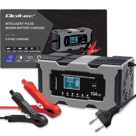 Mikroprocesorowa ładowarka 12V 10A | Prostownik z funkcją naprawy do akumulatora AGM GEL LiFePO4 | LCD Qoltec