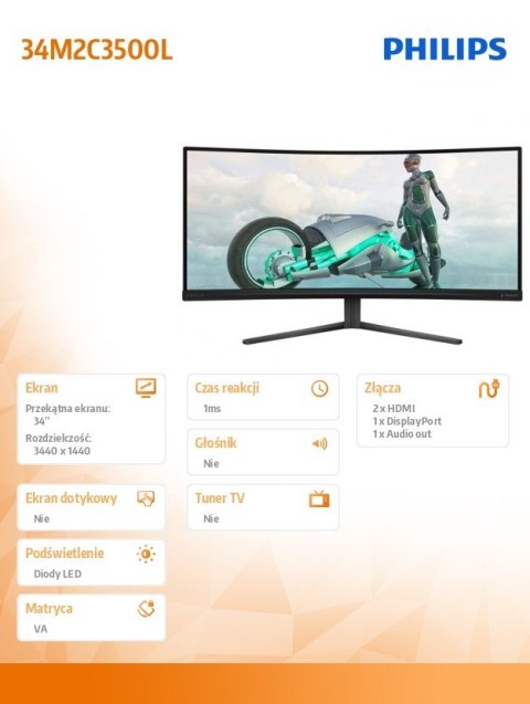 Monitor 34M2C3500L 34 cale Curved VA 180Hz HDMIx2 DPx2 Philips