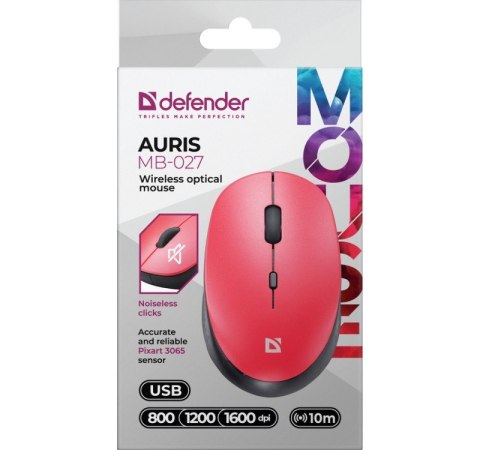 Mysz bezprzewodowa silent click AURIS MB-027 800/1200/1600 DPI czerwona Defender