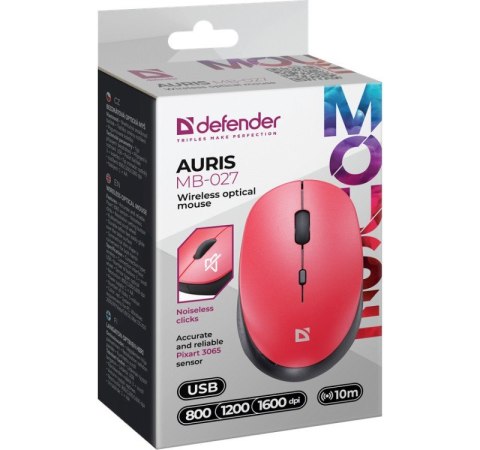 Mysz bezprzewodowa silent click AURIS MB-027 800/1200/1600 DPI czerwona Defender