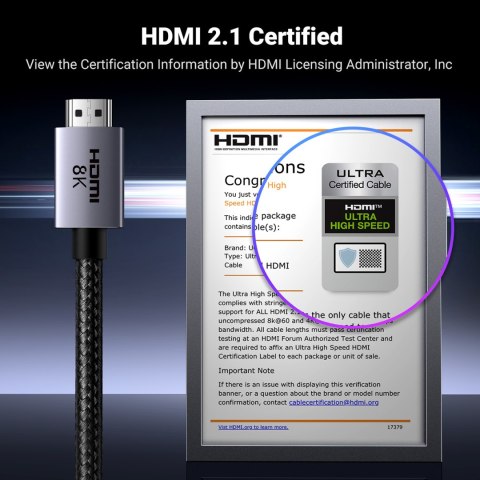 Kabel przewód HDMI 2.1 8K certyfikowany Ultra High Speed 2m szary UGREEN