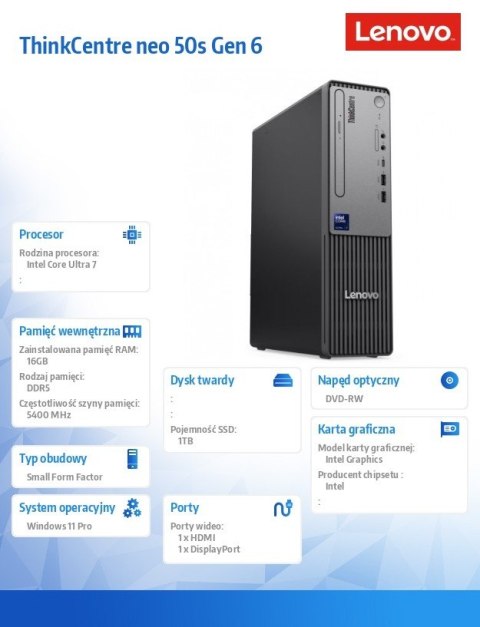 Desktop ThinkCentre Neo 50s SFF 13DM001VPB W11Pro 7 265/16GB/1TB/INT/3YRS OS Lenovo