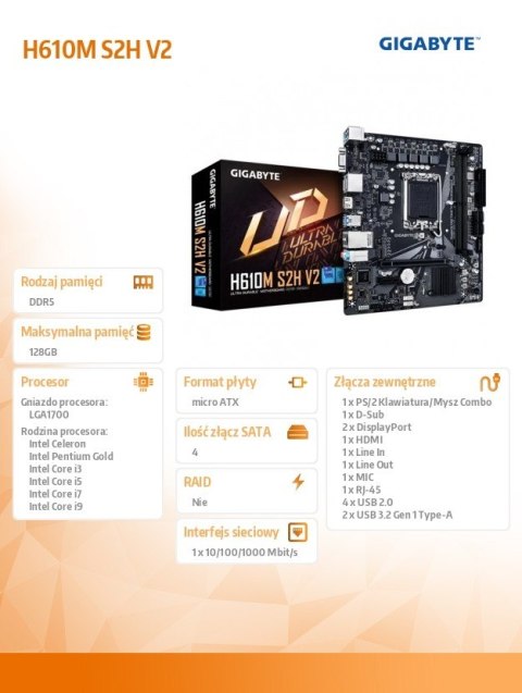 Płyta główna H610M S2H V2 s1700 2DDR 5 DP/HDMI/DSUB M.2 mATX Gigabyte