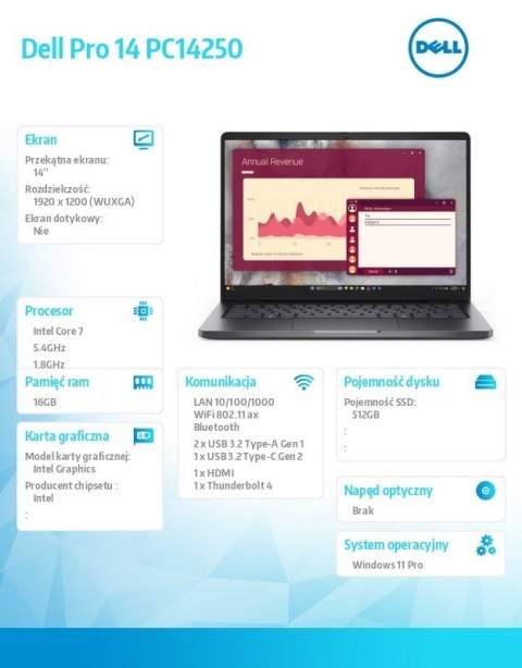 Laptop Dell Pro 14 PC14250 W11P C7 150U/16GB/512GB CL25/FgrPr/FHD IR Cam&Mic/WLAN+BT|14.0 FHD+|BcklKb/3C/65W/3YPS Magnetite colo Dell