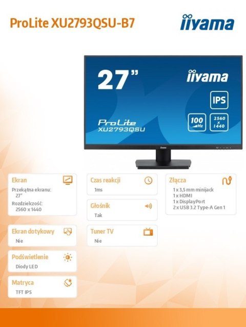 Monitor 27 cali XU2793QSU-B7 IPS,QHD,100Hz,HDMI,DP,300cd IIYAMA