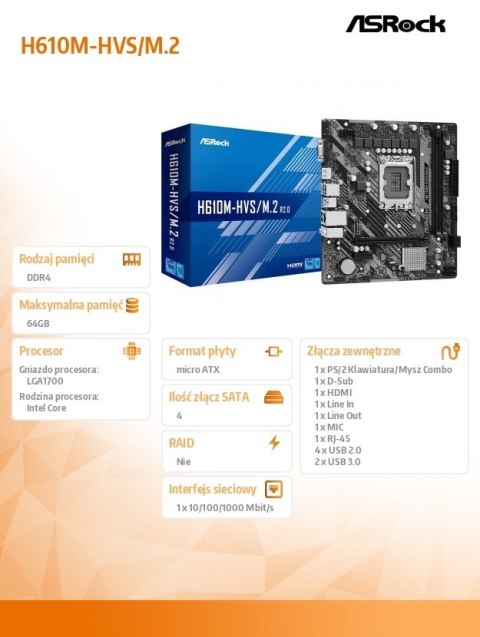 Płyta główna H610M-HVS/M.2 R2.0 s1700 2DDR4 D-Sub/HDMI mATX ASRock