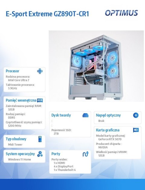 Komputer E-Sport Extreme GZ890T-CR1 Core Ultra 7K/32GB/2TB/RTX 5070 OC/Biały OPTIMUS