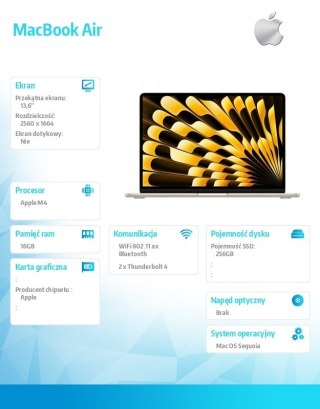 MacBookAir 13 cali /8C GPU/16GB/ 256GB Złoty Apple