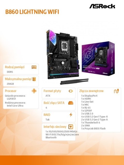 Płyta główna B860 LIGHTNING WIFI s1851 4DDR5 ATX ASRock