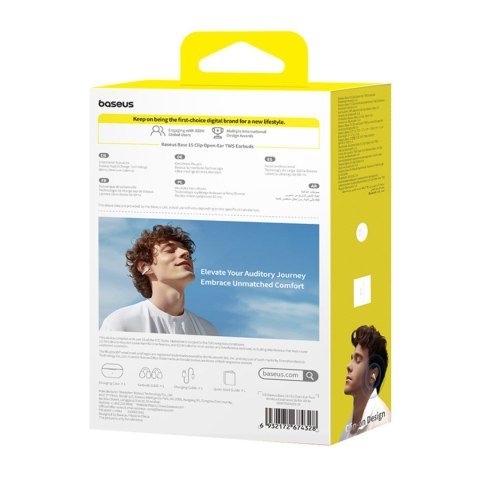 Słuchawki bezprzewodowe douszne otwarte Bass 15 Clip OWS z kablem USB-C - białe BASEUS