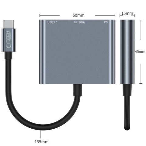 3w1 HUB rozdzielacz USB-C na USB-A USB-C PD 100W HDMI 4K 30Hz - szary Tech-Protect