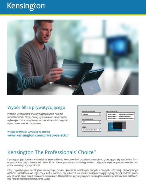 Filtr prywatyzujący, 2-stronny, zdejmowany, do monitora 27 cali, 16:9 Kensington