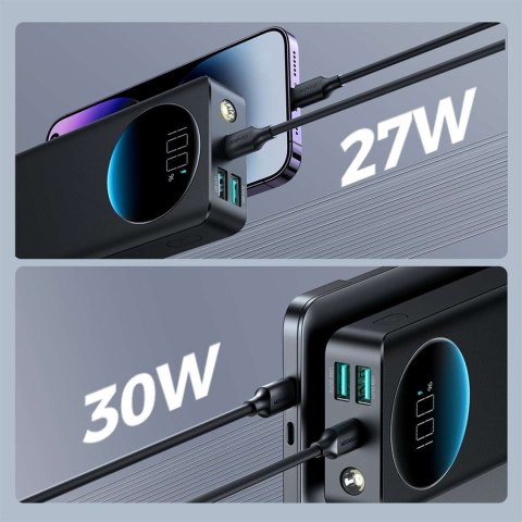 Powerbank z latarką 30W 20000mAh + kabel USB-A - USB-C 25cm czarny JOYROOM