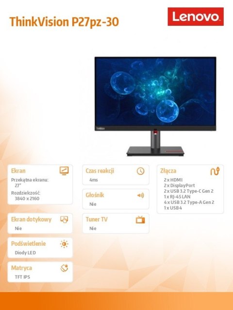 Monitor ThinkVision P27pz-30 27 cali 63E4GAT2EU Lenovo