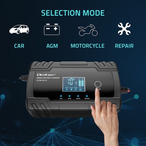 Inteligentna mikroprocesorowa ładowarka 12V 8A | 24V 4A |Prostownik z funkcją naprawy do akumulatora AGM GEL | LCD Qoltec