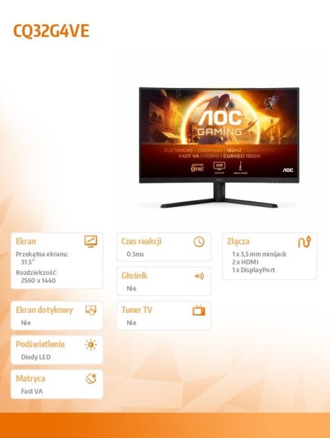 Monitor CQ32G4VE 31.5 cala Fast VA Zakrzywiony 180Hz HDMIx2 DP AOC
