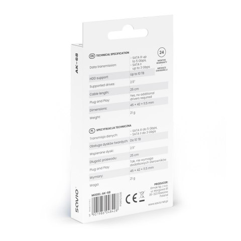 Adapter USB-A 3.1 Gen 1 (M) - SATA (F) do dysków SATA 2.5 cala , AK-68 Savio