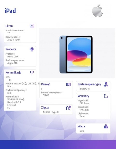 IPad WiFi + Cellular 11 cali 512 GB Niebieski Apple