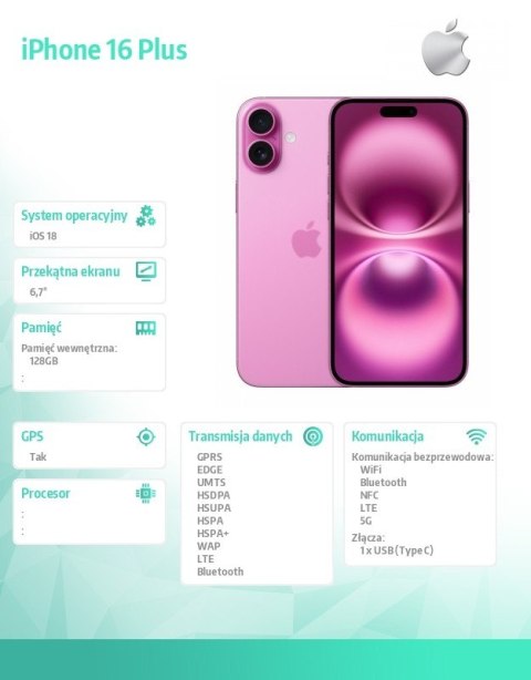 IPhone 16 Plus 128GB - Różowy Apple