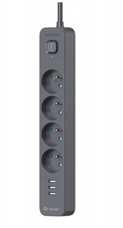 Listwa zasilająca antyprzepięciowa Power Line+ mobile ready 1.5m (4 gniazda + 3x USB A, 5V 2.4A) Tracer