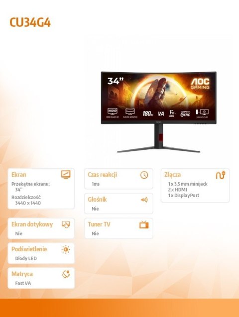 Monitor CU34G4 34 cale 180Hz Curved VA HDMIx2 DP HAS AOC