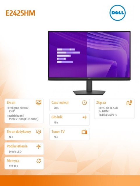 Monitor E2425HM 23.8 cala VA LED Full HD (1920x1080)/16:9/DP/HDMI/VGA/3Y Dell
