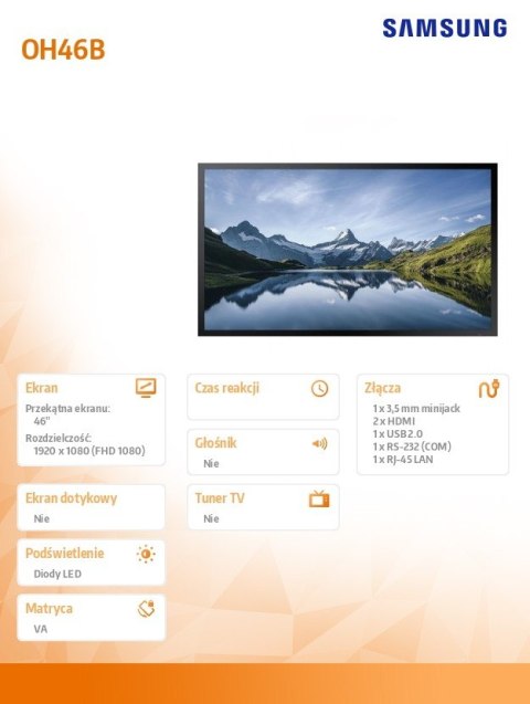 Monitor profesjonalny OM46B 46 cali Błyszczący 24h/7 4000(cd/m2) 1920 x 1080(FHD) Tizen 5.0 3 lata On-Site (LH46OMBEBGBXEN) Samsung
