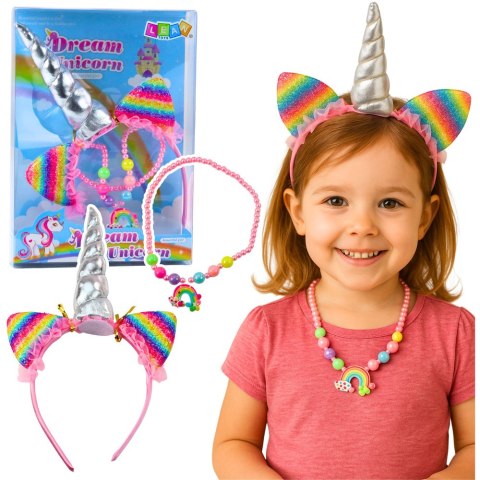 Zestaw Opaska Jednorożec Uszy Róg Naszyjnik Kolorowe LEAN TOYS