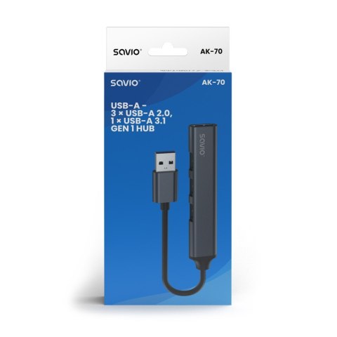 Hub 4 porty USB-A - 3 x USB-A 2.0, 1 x USB-A 3.0, 5 Gbps, Aluminium, AK-70 Savio