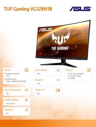 Monitor 31.5 cala VG328H1B 1500R 165Hz HDMI DSUB Głośnik Asus