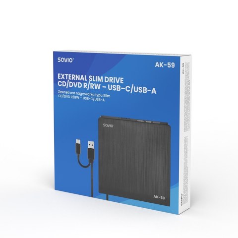 Zewnętrzna nagrywarka typu Slim CD/DVD R/RW, USB-C/USB-A, AK-59 Savio