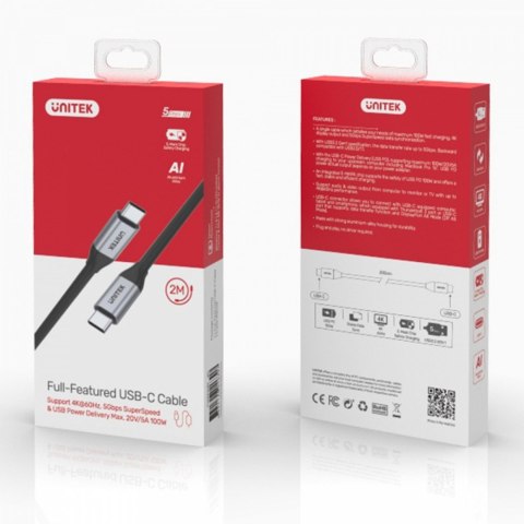 Kabel USB-C - USB-C PD 100W, 5Gbps, 4K60Hz, 2m, M/M; C14091ABK Unitek