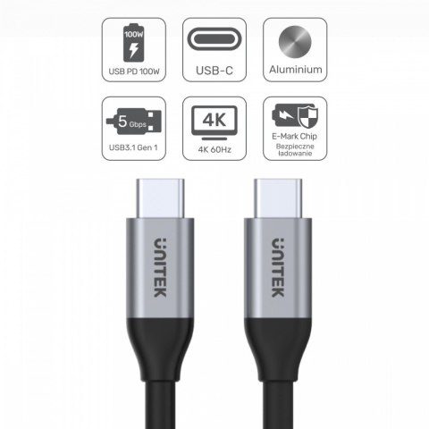 Kabel USB-C - USB-C PD 100W, 5Gbps, 4K60Hz, 2m, M/M; C14091ABK Unitek