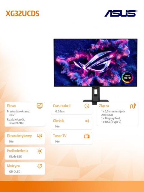 Monitor 31.5 cala XG32UCDS DP HDMI USB-C 0,03MS Asus