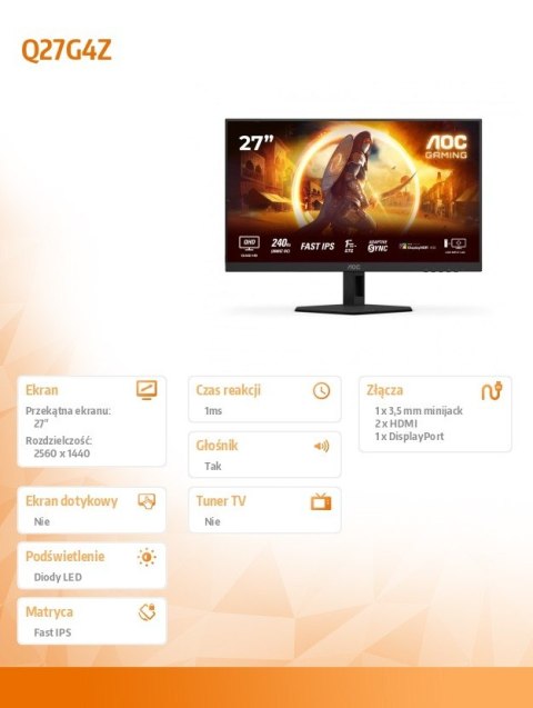 Monitor Q27G4ZR 27 cali Fast IPS 240Hz HDMIx2 DP Pivot AOC