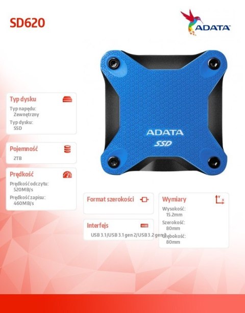 Zewnętrzny dysk SSD SD620 2TB U3.2A 520/460 MB/s Blue Adata