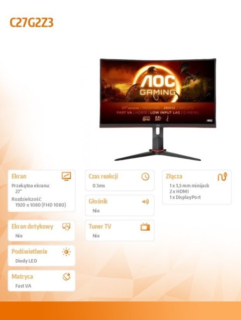 Monitor C27G2Z3 27 cali Zakrzywiony Fast VA 280Hz HDMIx2 DP HAS AOC
