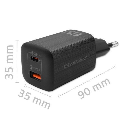Ładowarka sieciowa 65W GaN ULTRA | 5-20V | 2.25-3.25A | 1 x USB typ C PD | 1 x USB | Czarna Qoltec