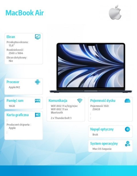 MacBook Air 13.6: M2 8/8, 16GB, 256GB - Północ MC7X4ZE/A Apple