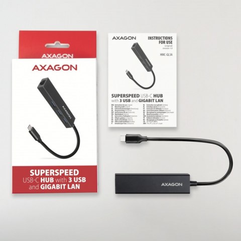 HMC-GL3A Wieloportowy hub USB 4in1, 5Gbps, 3x USB-A + GLAN, 20cm USB-C kabel AXAGON