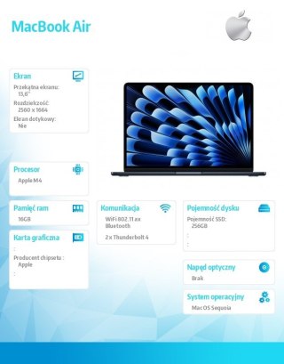 MacBookAir 13 cali /8C GPU/16GB/ 256GB Czarny Apple
